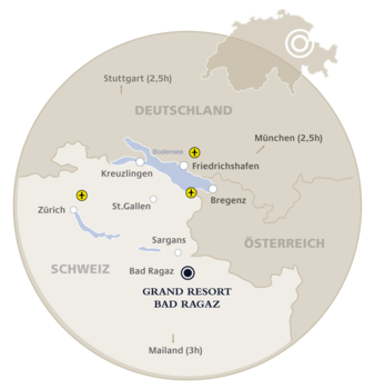 Karte der Region Sarganserland und der Schweiz, Österreich und Deutschland. Gelbe Markierungen kennzeichnen wichtige Orte mit neutralen Farbtönen.