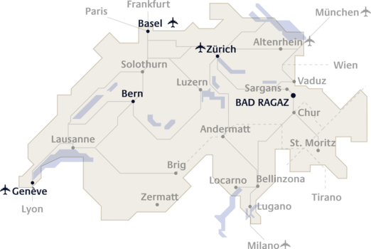 Karte der Schweiz mit großen Städten wie Zürich, Genf und Bern, mit eingezeichneten Flüssen und angrenzenden Ländern. Die Karte ist detailliert und informativ.